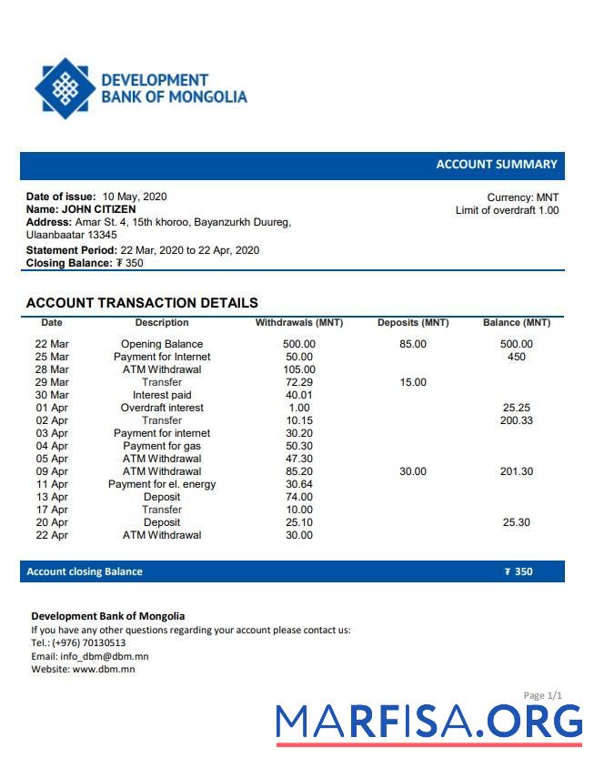 Printable Mongolia Development Bank of Mongoliabank statement word download for verification